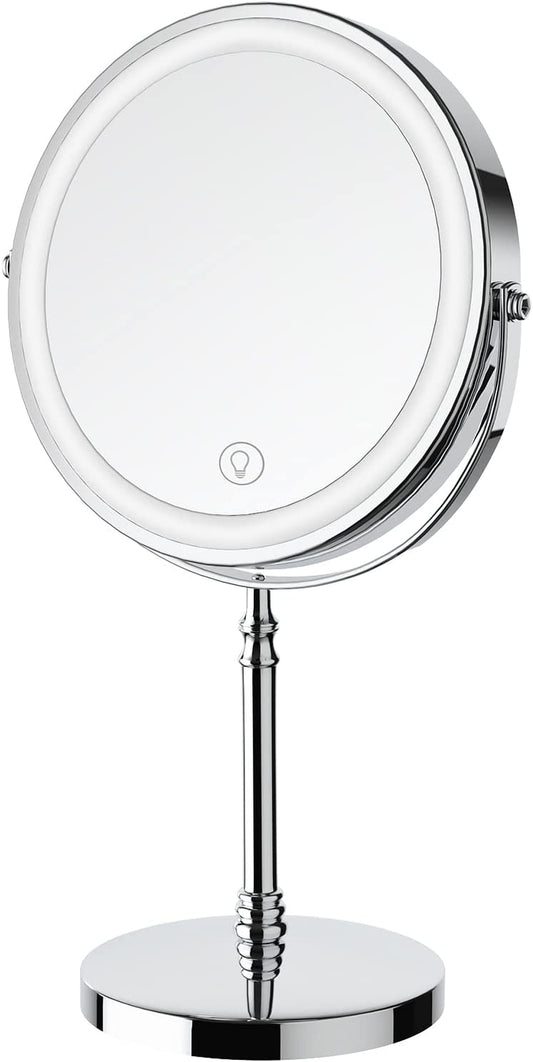 Lighted Makeup Mirror, 3000 Mah Rechargeable Double Sided Magnifying Vanity Mirror with 3 Colors, 1X/10X, 360° Rotation , Brightness Adjustable Magnification Cosmetic Light up Mirror, Women Gift