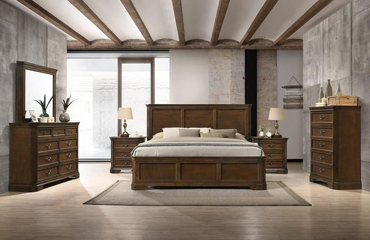 Maderne Traditional Wood Panel Bed with Dresser, Mirror, Two Nightstands, Chest, King, Antique Walnut Finish