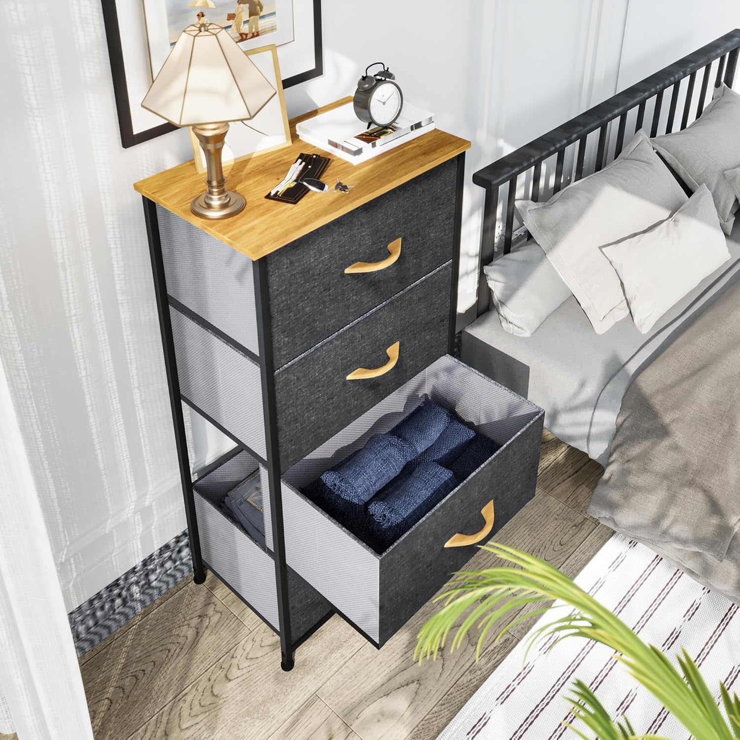 Dresser with 4 Drawers - Fabric Storage Tower, Organizer Unit for Bedroom, Living Room, Hallway, Closets - Sturdy Steel Frame, Wooden Top & Easy Pull Fabric Bins