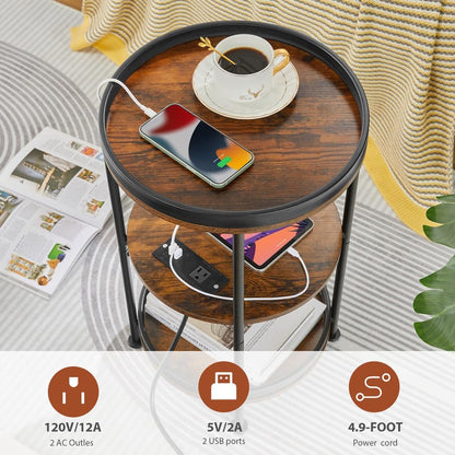 round Side Table with Charging Station, End Table with 3 Shelves for Living Room, Bedroom Nightstand for Small Spaces, Industrial round Sofa Table with Steel Frame (Usb+Rustic Brown)