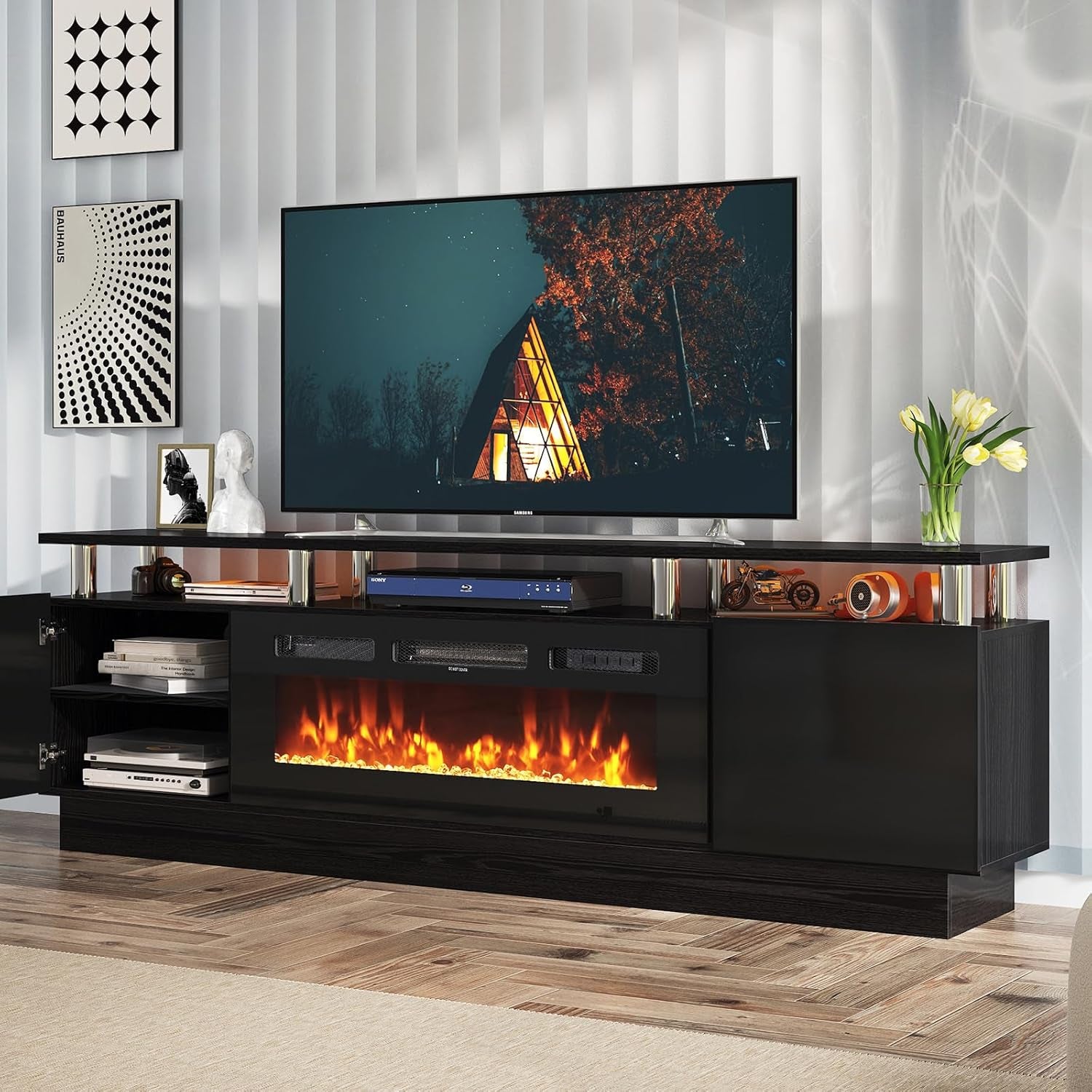 2 Tier TV Console Stand with 36" Electric Fireplace, LED Light Entertainment Center for Tvs up to 80" for the Living Room, 70", Black