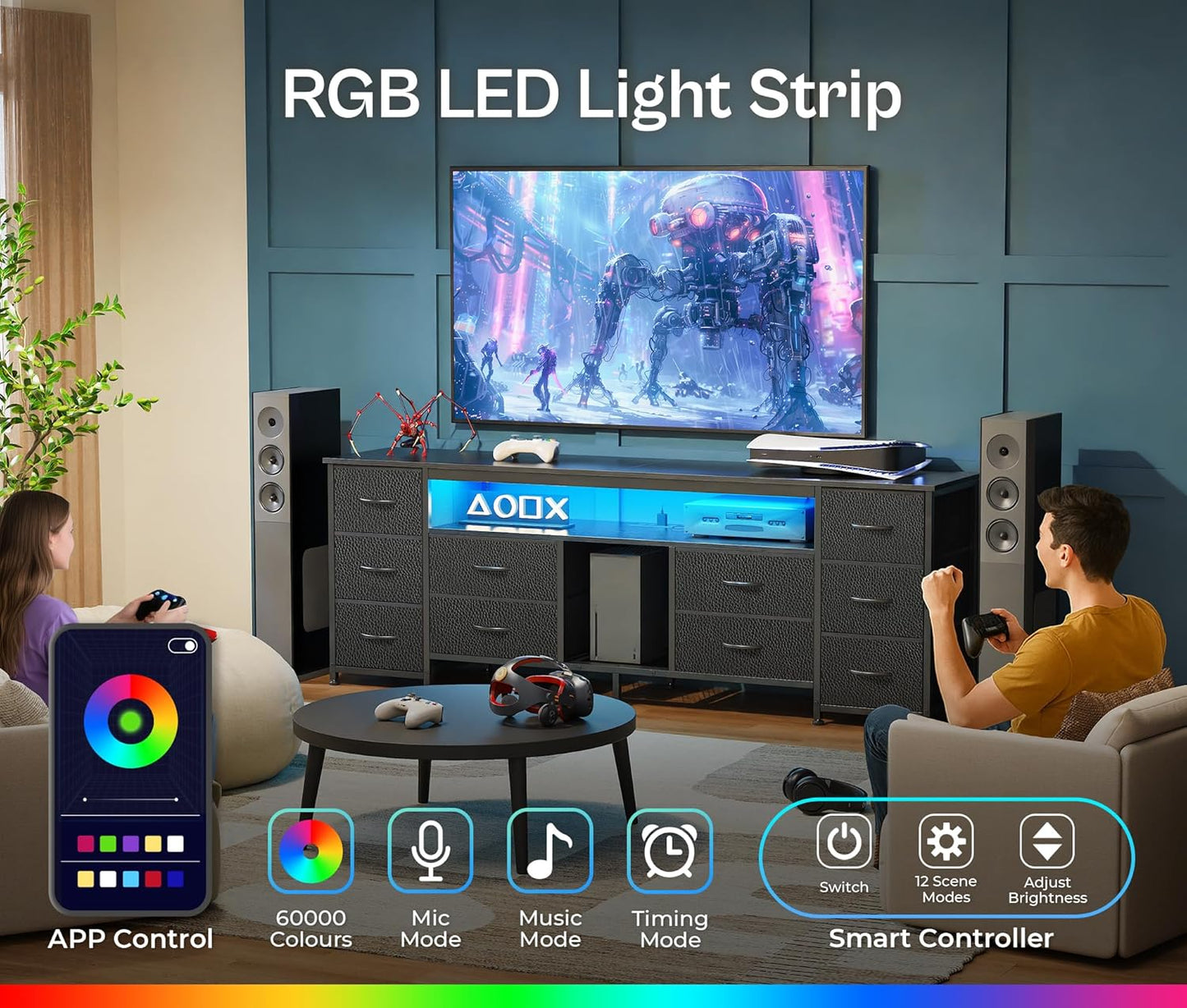 63 Inch LED TV Stand Dresser with Power Outlets, USB-C Port and LED Lights, 10 Fabric Drawer Dresser for Bedroom, Long Entertainment Center for 65, 70 Inch TV, Open Shelves, PU Leather, Black