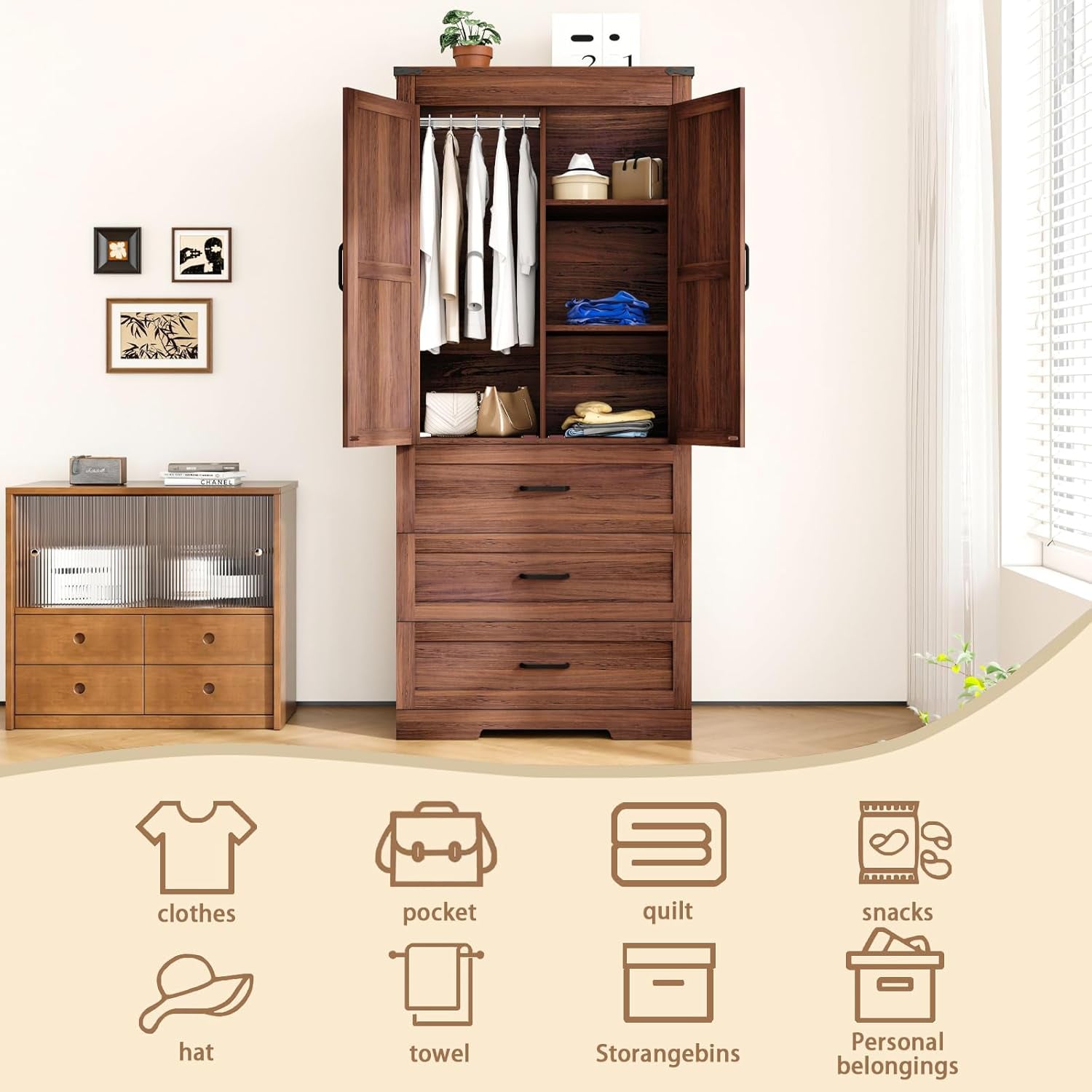 70" Tall Wardrobe Closet with 2 Doors & 3 Drawers, Farmhouse Armoire with Hanging Rod, Wooden Armoire Wardrobe Closet for Bedroom, Freestanding Clothing Storage Cabinet, Brown