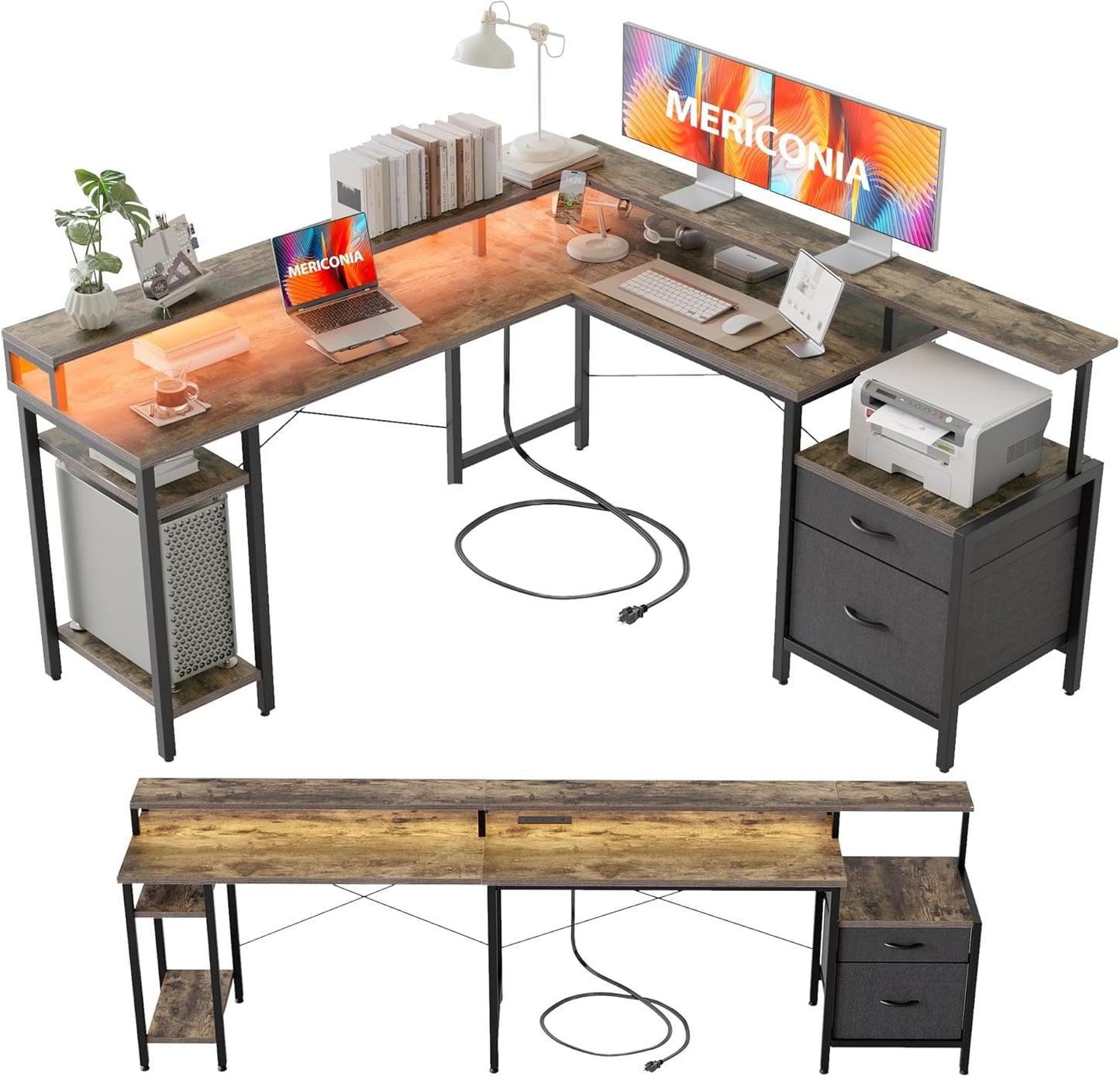 Modern L-Shaped Computer Desk with Storage Shelves & Drawer, 66" Corner Home Office Desk, Large Gaming Desk with RGB Lights & Power Outlets, Workstation for Gaming & Work, Grey