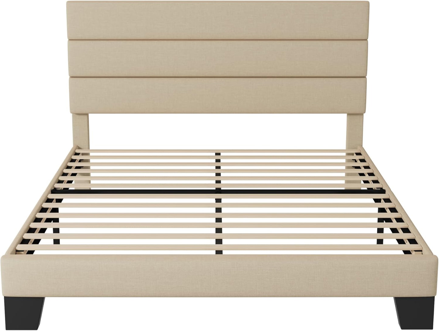 Queen Size Platform Bed Frame with Fabric Upholstered Headboard and Wooden Slats Support, Fully Upholstered Mattress Foundation/No Box Spring Needed/Easy Assembly, Beige
