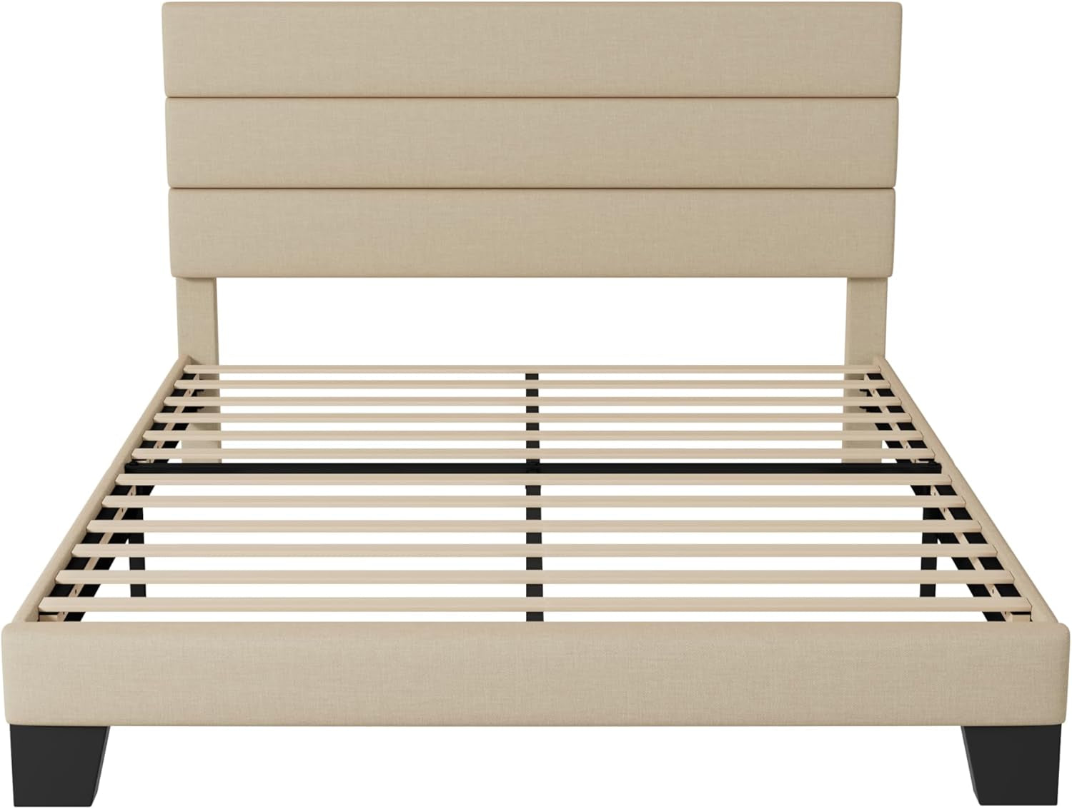 Queen Size Platform Bed Frame with Fabric Upholstered Headboard and Wooden Slats Support, Fully Upholstered Mattress Foundation/No Box Spring Needed/Easy Assembly, Beige