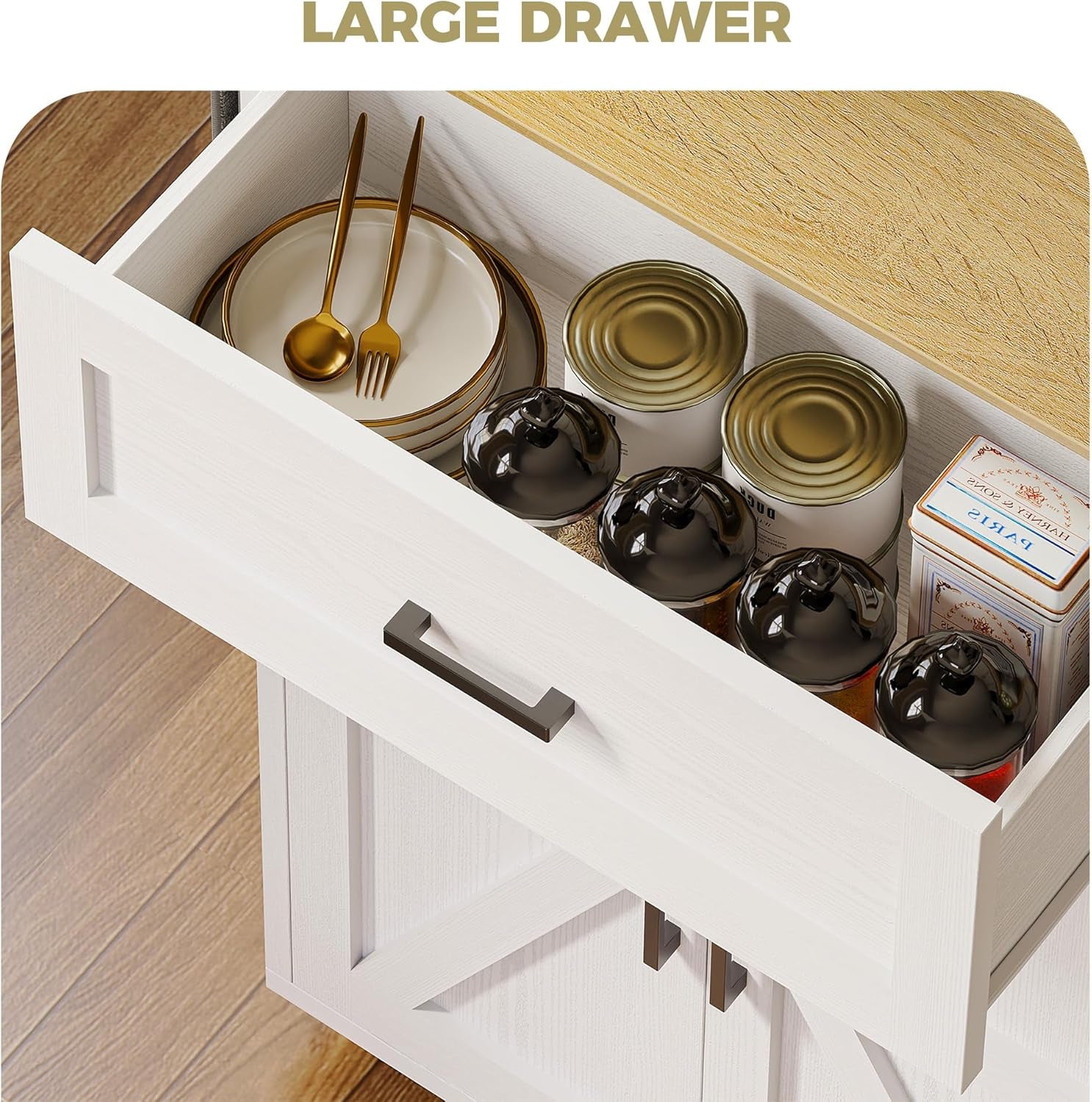 Kitchen Island Table with Storage, Rolling Kitchen Cart with Power Outlet, Storage Cabinets on Wheels with Drop Leaf, Portable for Dining Room, White