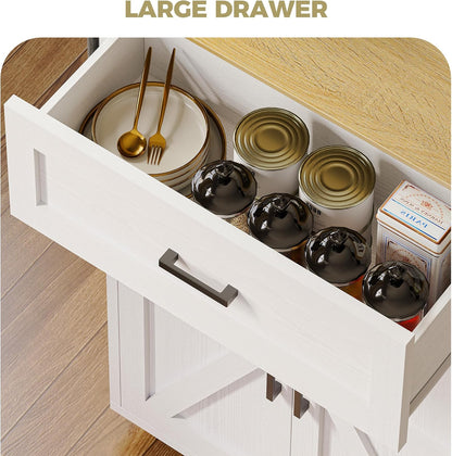 Kitchen Island Table with Storage, Rolling Kitchen Cart with Power Outlet, Storage Cabinets on Wheels with Drop Leaf, Portable for Dining Room, White