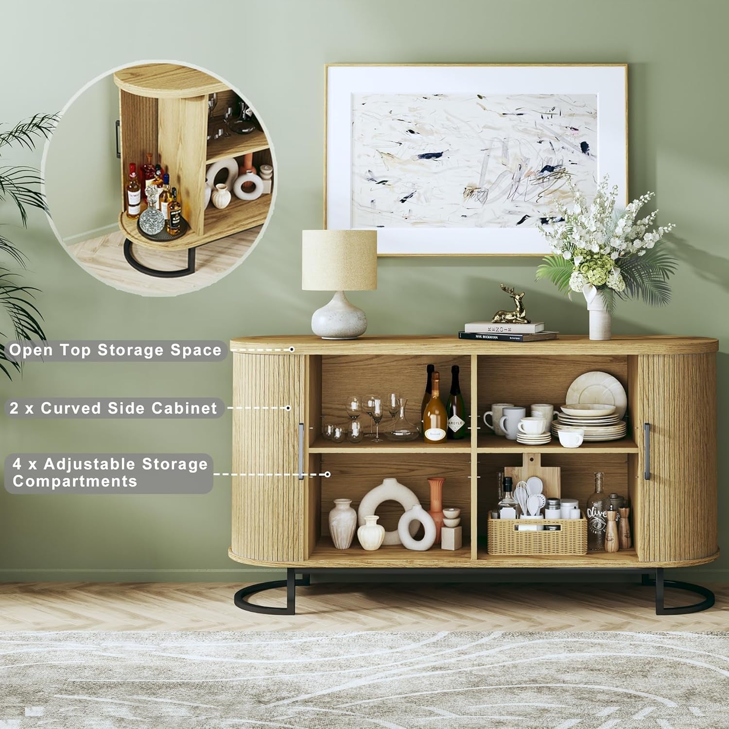 Sideboard Buffet Cabinet with Storage, 54.3" Fluted Tambour, Adjustable Shelves, Mid Century Modern Console for Living Room Kitchen