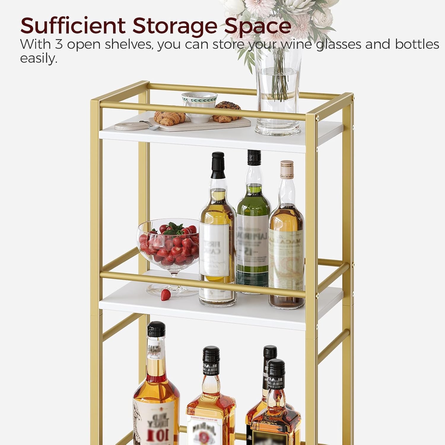 Bar Cart for the Home, 3-Tier Drink Cart on Wheels, Home Bar Serving Cart, Mini Bar Cart for Small Space, Rolling Kichen Carts for Bar, Kitchen, Dining Room, Gold RCJW4001