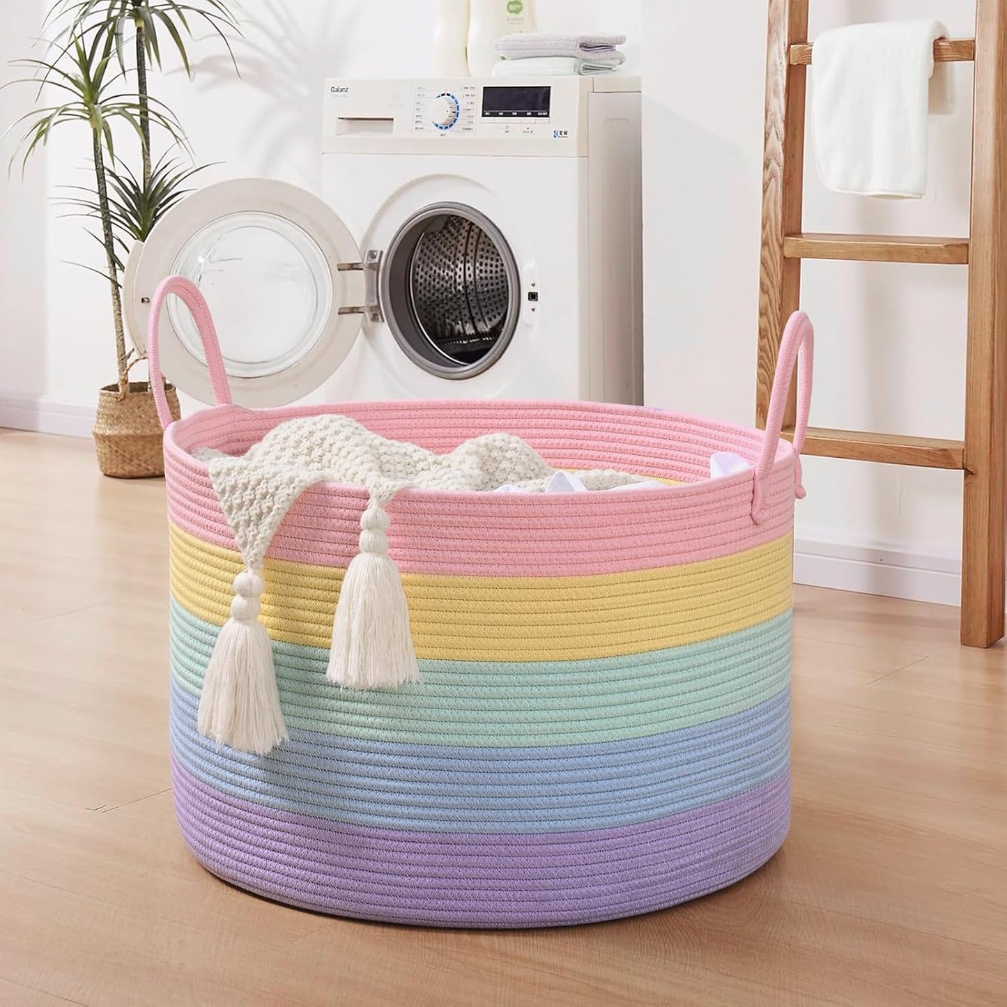 Rainbow Toy Basket, 20"X13" Extra Large Kids Toy Storage for Playroom Classroom Nursery, Woven Rope Blanket Basket with Handles, Stuffed Animal Organizer & Dog Toys Basket