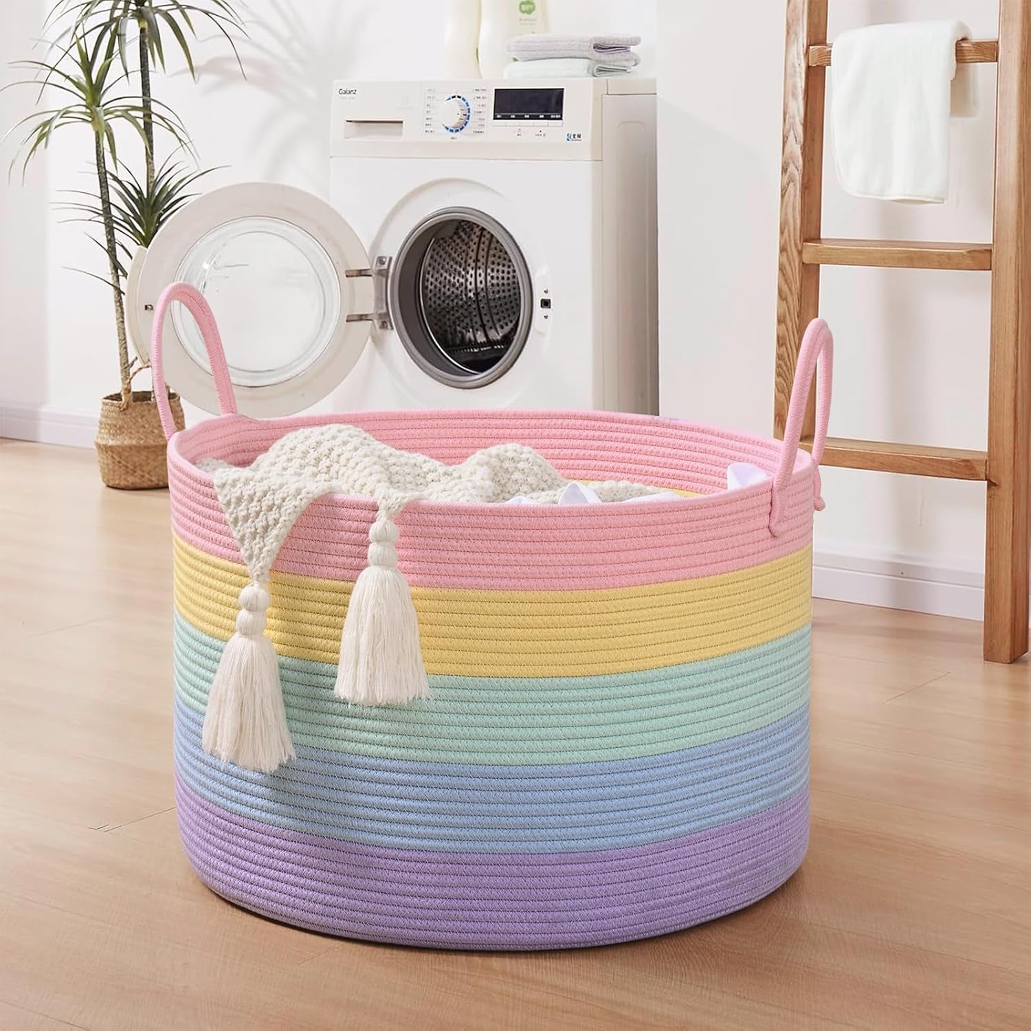 Rainbow Toy Basket, 20"X13" Extra Large Kids Toy Storage for Playroom Classroom Nursery, Woven Rope Blanket Basket with Handles, Stuffed Animal Organizer & Dog Toys Basket