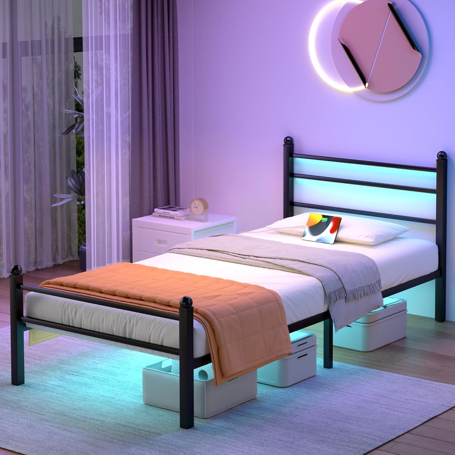 Metal Platform Twin Bed Frame with LED Lights, Charging Station, Headboard, Heavy Duty Slats, No Box Spring Required, Black