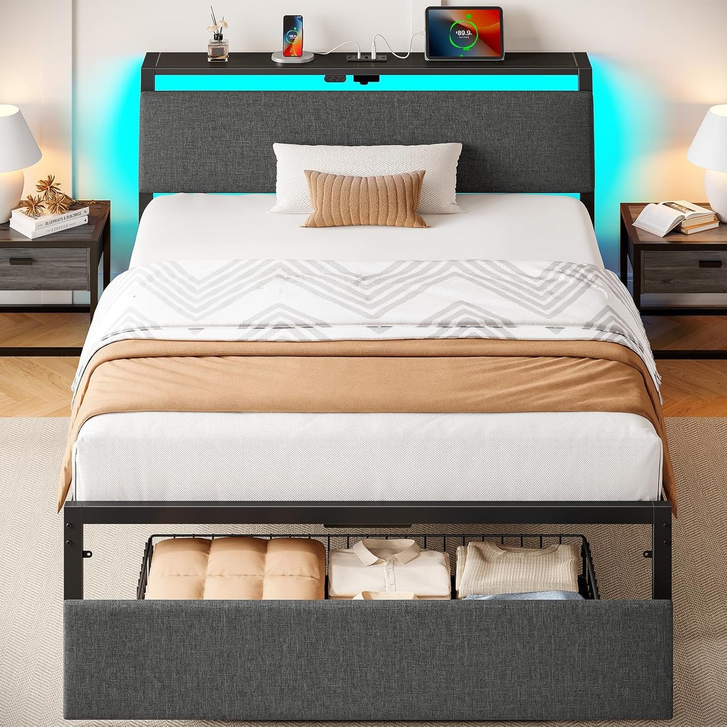Twin Bed Frame with Ergonomic Headboard Storage & Charging Station, Upholstered Platform Bed with LED Light & Drawer, Heavy Duty Metal Slats, Noise Free, No Box Spring Needed, Grey