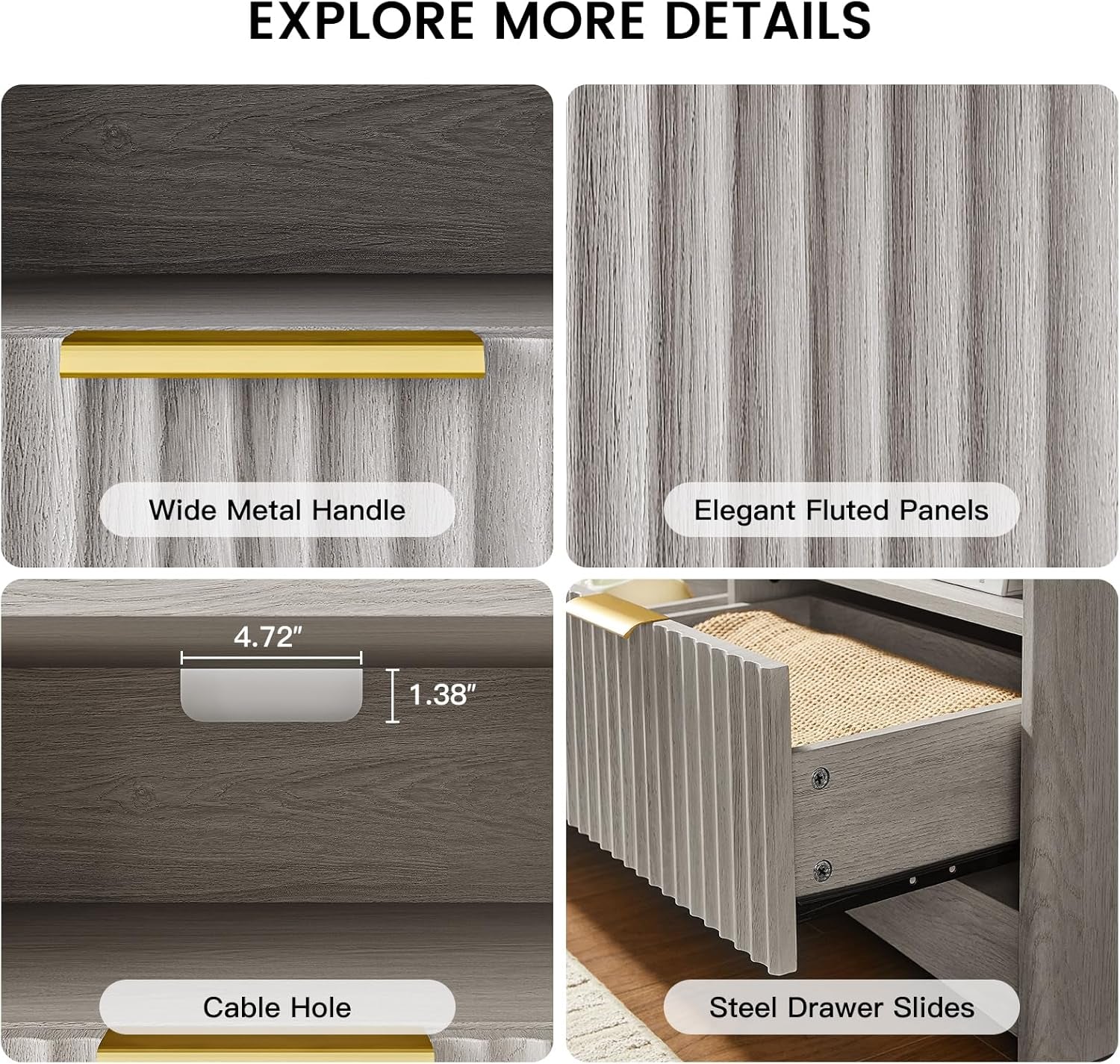 Amada TV Stand for 50-65" TV, Fluted Modern TV Stand Entertainment Center with Drawers and Open Shelf, Waveform Panel, Sleek Curved Profile Media TV Console Table for Living Room, Bedroom, Grey