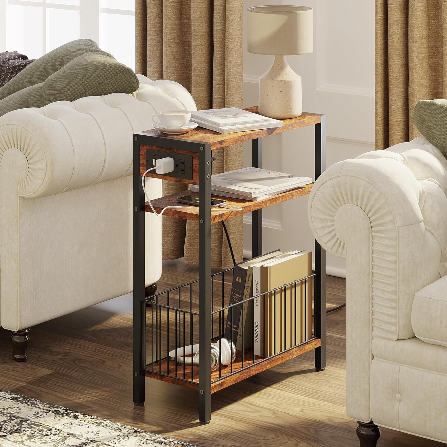 Narrow Side Table with Charging Station, Small End Table for Small Spaces, Slim Nightstand with Storage Basket, 3 Tier Skinny Bedside Table for Living Room, Bedroom, Rustic Brown