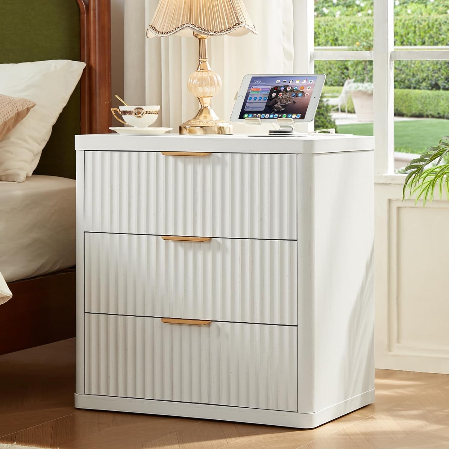 23" Wide Fluted Farmhouse Night Stand Set of 2 with Charging Station, 3 Drawers Large End Table W/Metal Handle,White Nightstand Bedside Table,Wood Dresser for Bedroom, Closet