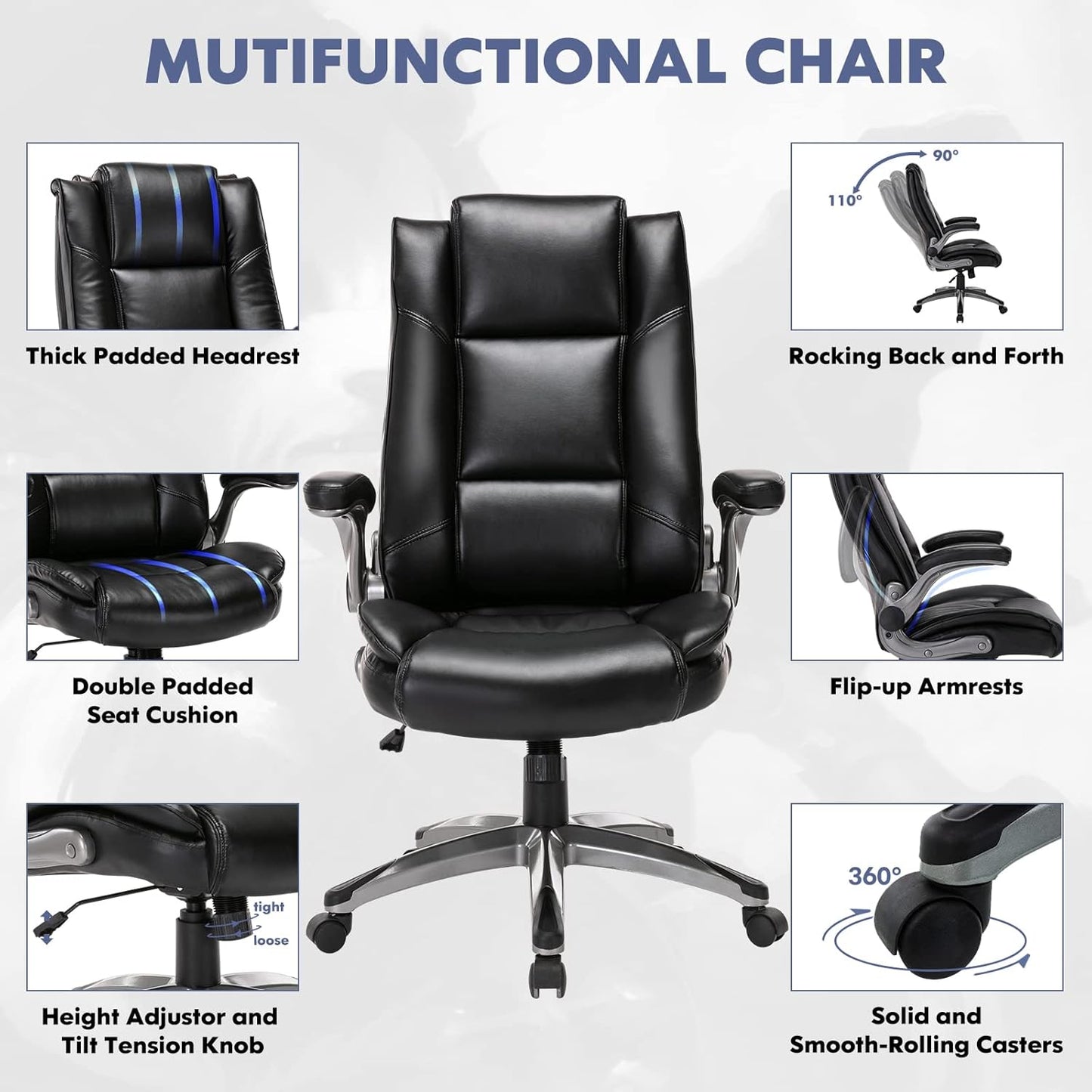 Leather Executive Office Chair - High Back Home Computer Desk Chair with Padded Flip-Up Arms, Adjustable Tilt Lock, Swivel Rolling Ergonomic Chair for Adult Working Study, Black