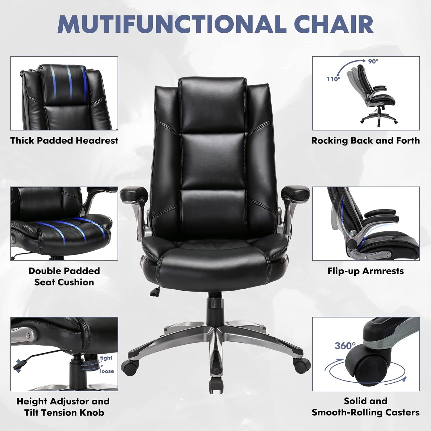 Leather Executive Office Chair - High Back Home Computer Desk Chair with Padded Flip-Up Arms, Adjustable Tilt Lock, Swivel Rolling Ergonomic Chair for Adult Working Study, Black