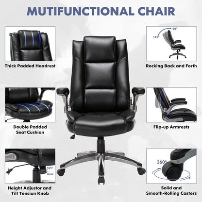 Leather Executive Office Chair - High Back Home Computer Desk Chair with Padded Flip-Up Arms, Adjustable Tilt Lock, Swivel Rolling Ergonomic Chair for Adult Working Study, Black