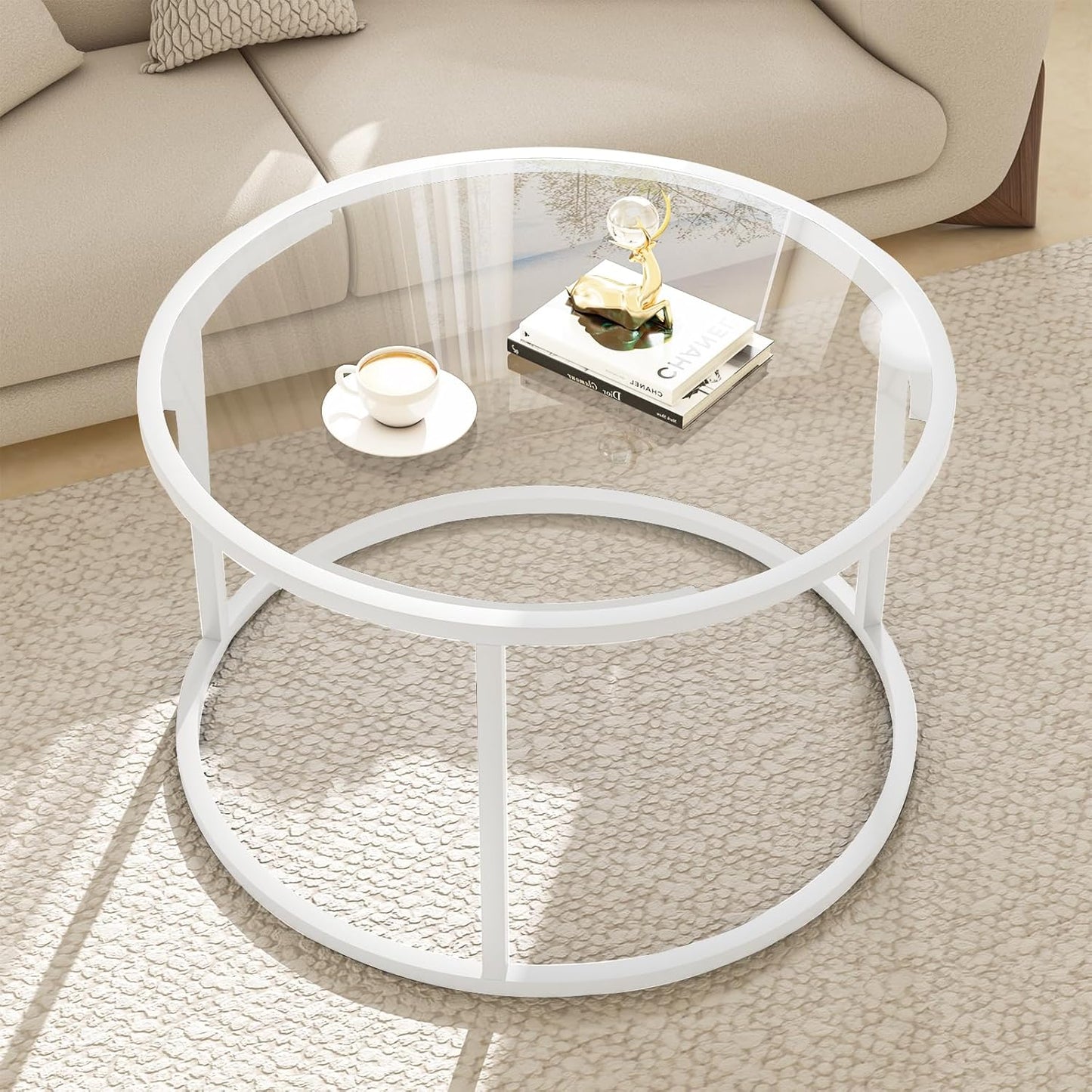 Round Glass Coffee Table for Living Room,Minimalist Modern Center Table with Metal Frame for Small Space,Easy Assembly,27 X 27In, White