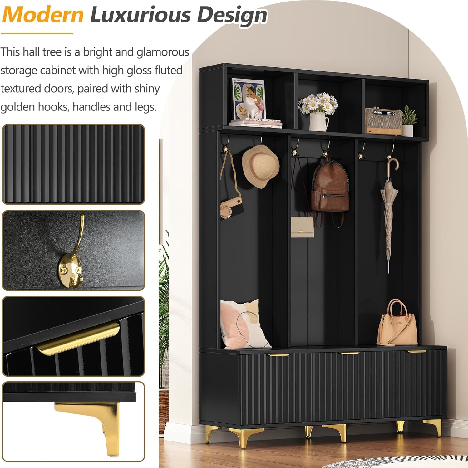 Modern Large Storage Hall Tree with Bench, Multi-Functional with High Gloss Fluted Doors, Coat Rack with 6 Gold Hooks for Entryway, Living Room, Black