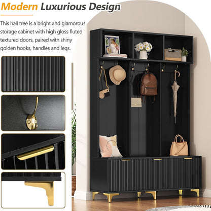 Modern Large Storage Hall Tree with Bench, Multi-Functional with High Gloss Fluted Doors, Coat Rack with 6 Gold Hooks for Entryway, Living Room, Black