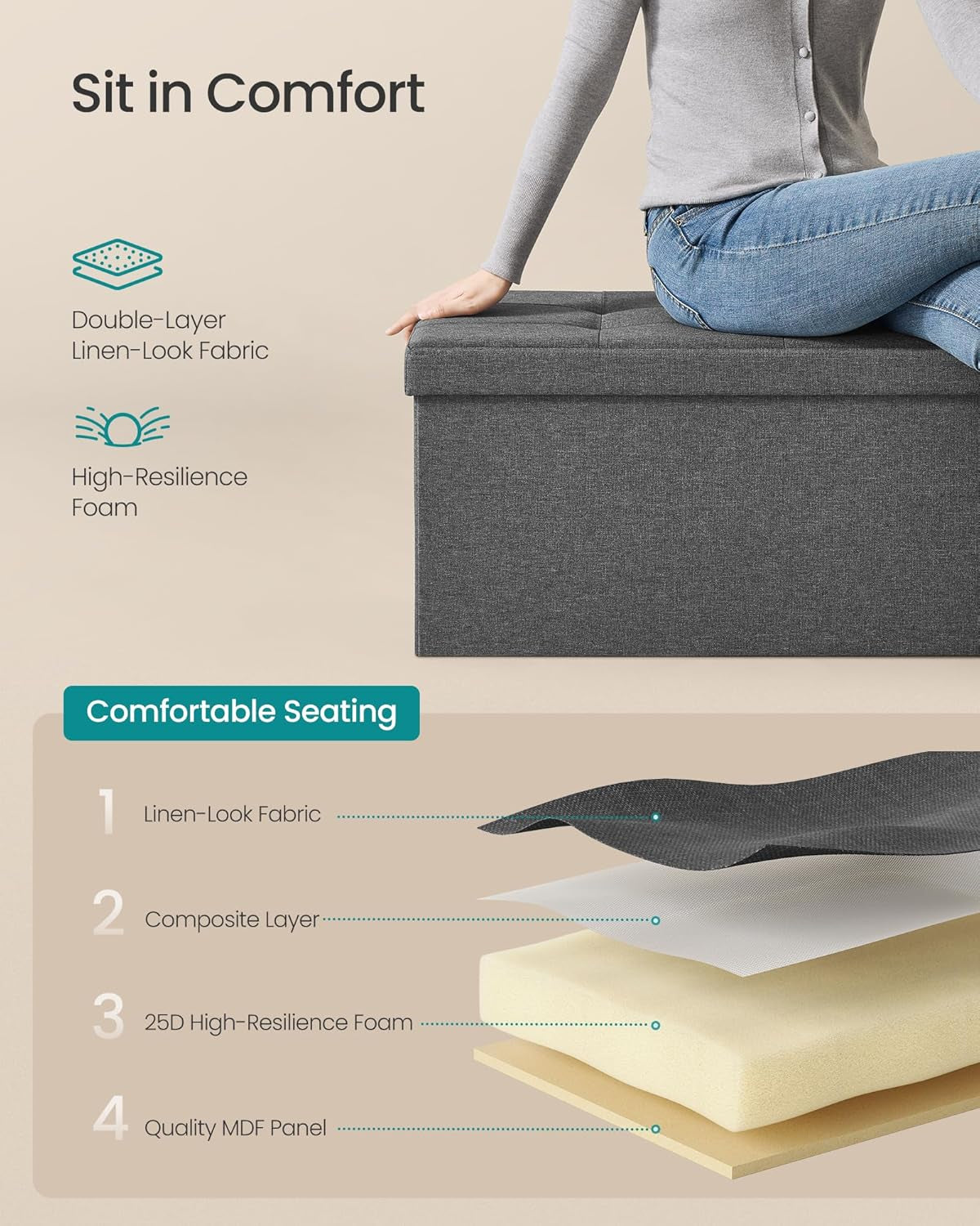 MAZIE Collection - 43 Inches Folding Storage Ottoman Bench, Ottoman Foot Rest, End of Bed Bench, Storage Chest, Load 660 Lb, for Living Room, Bedroom, Entryway, Dark Gray ULSF77K
