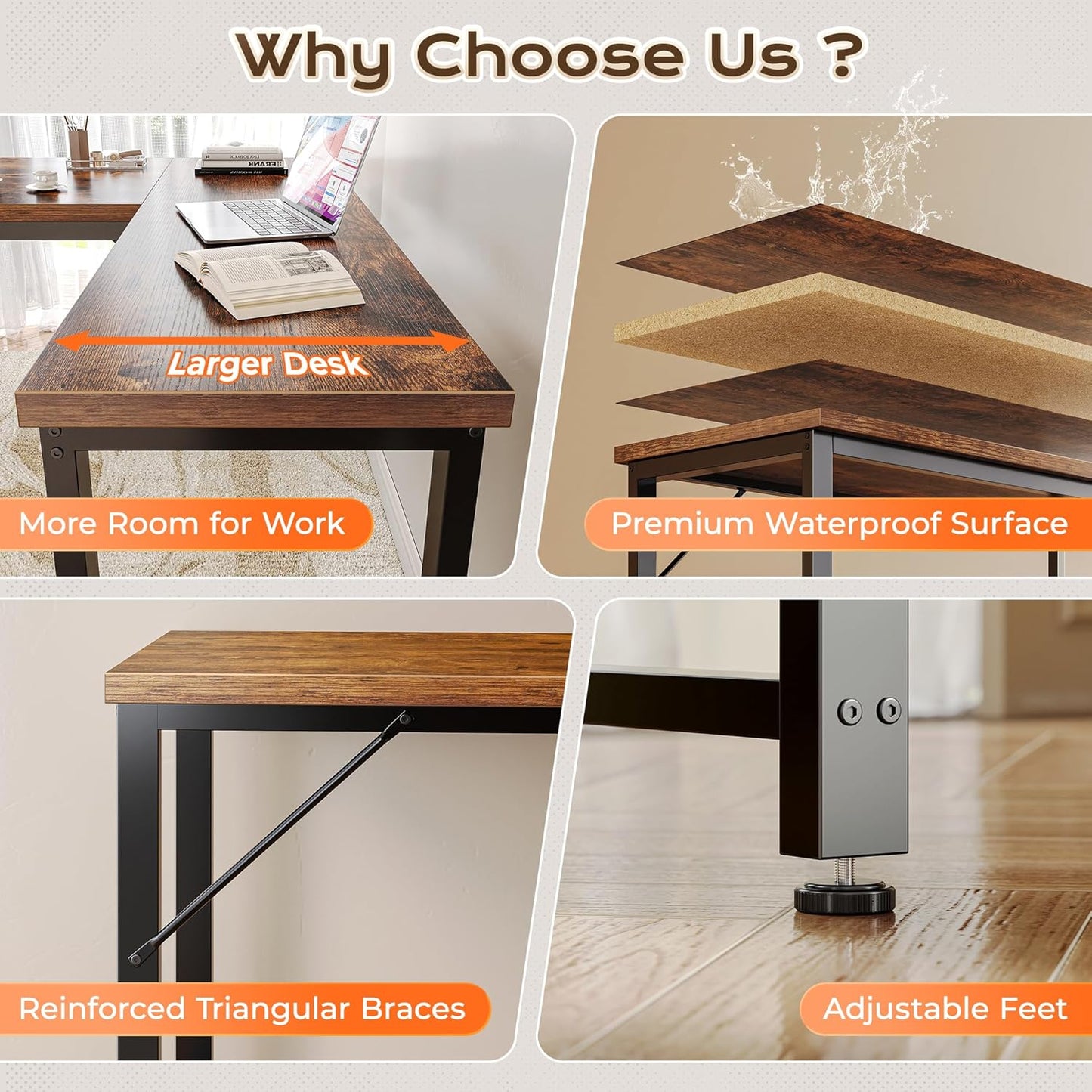 63 Inch L Shaped Desk with Power Outlets and USB-C Port, 0.95 Inch Thicker Desktop, Reversible Computer Desk, Larger Office Corner Gaming Desk, Metal Frame, for Home Office, Study, Rustic Brown