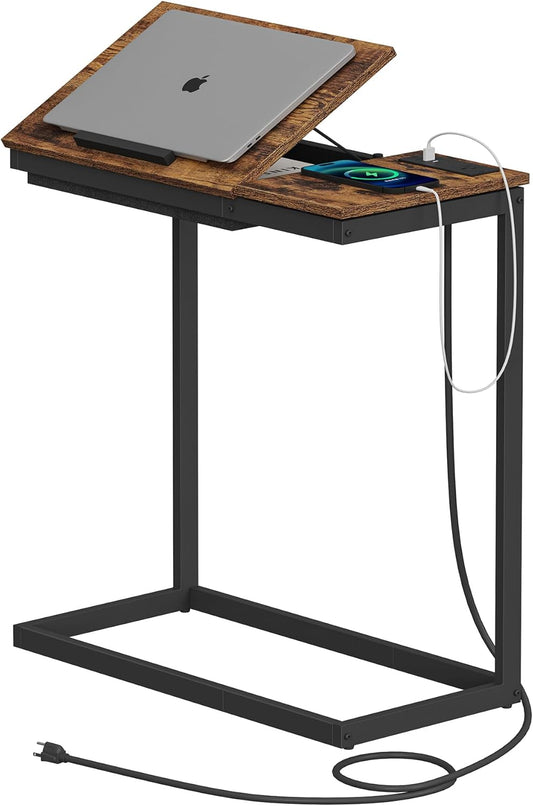 C Shaped End Table with Charging Station, Large Side Table Tiltable Desk with Storage Bag, TV Tray under Couch Table with USB & Type-C Port, for Livingroom Bedroom Brown TB01BB090