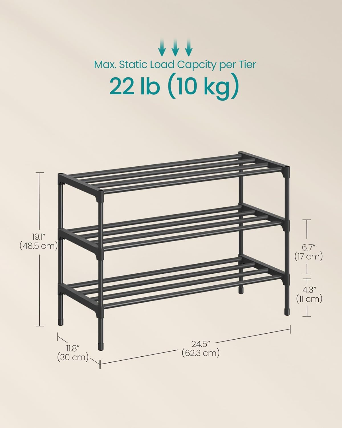 3-Tier Shoe Rack for Closet, Compact Metal Shoe Organizer Shelf for Entryway, Bedroom, Small Spaces, Stackable, 11.8 X 24.5 X 19.1 Inches, Black ULSA123BH01
