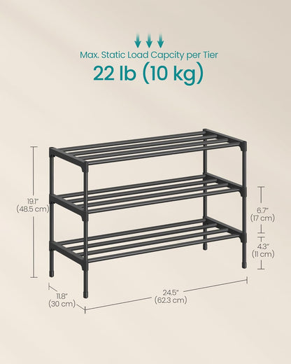 3-Tier Shoe Rack for Closet, Compact Metal Shoe Organizer Shelf for Entryway, Bedroom, Small Spaces, Stackable, 11.8 X 24.5 X 19.1 Inches, Black ULSA123BH01