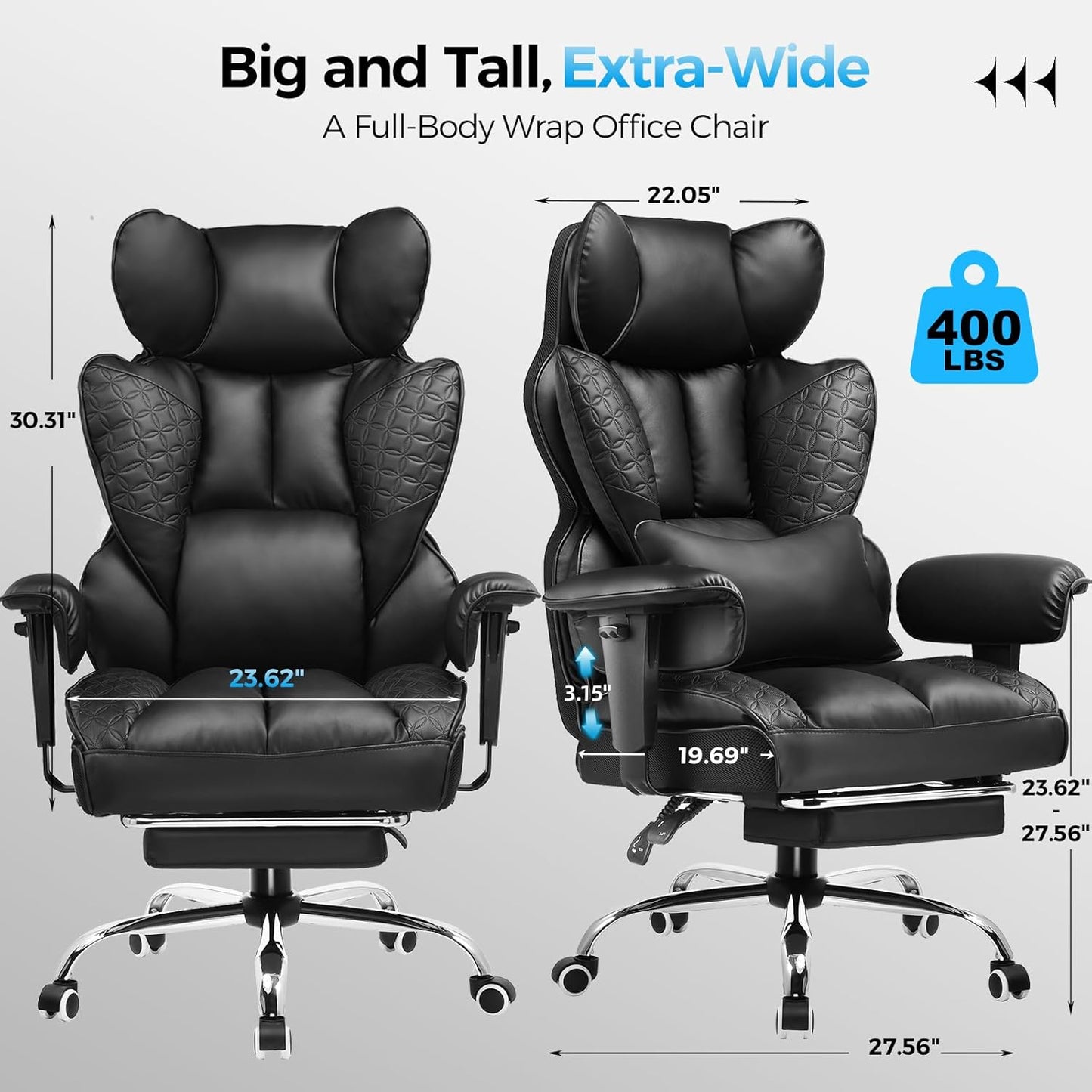 Big and Tall Office Chair 400LBS Wide Ergonomic Gaming Chair with Deluxe Embossing Designed Leather with Foot Rest,150°Reclining Adjustable Armrests Pocket Spring Back Support and Pillow