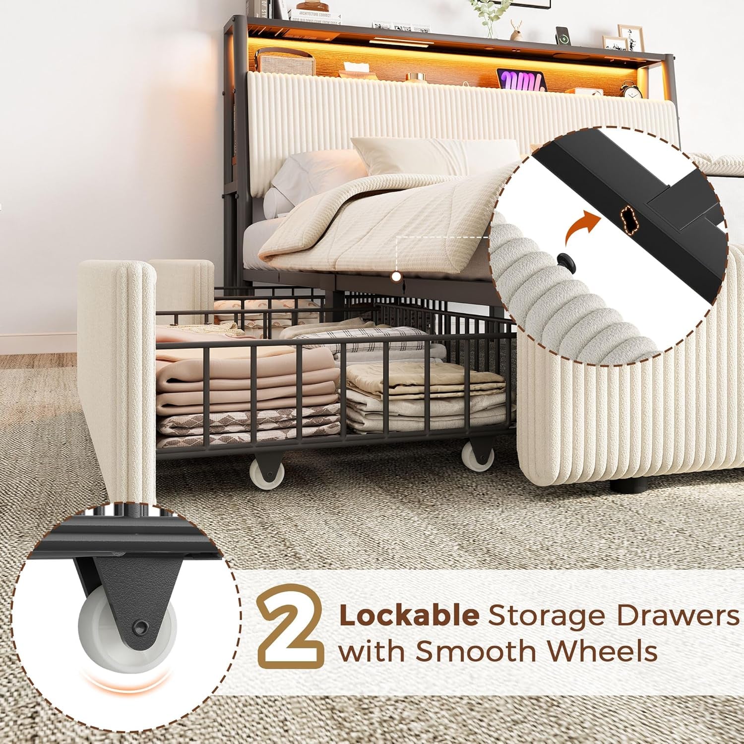 Upholstered Queen LED Bed Frame with 2 Storage Drawers and Charging Station, Corduroy Platform Bed with 3-Tier Storage Bookcase Headboard, Heavy Duty Metal Support, No Box Spring Needed - Beige