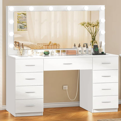 46" Vanity Desk with Glass Top & Lights Mirror, 3 Adjustable Lighting Color, Makeup Vanity with 9 Drawers and 12 LED Lights, Dressing Table for Bedroom, Vanity for Girls, White