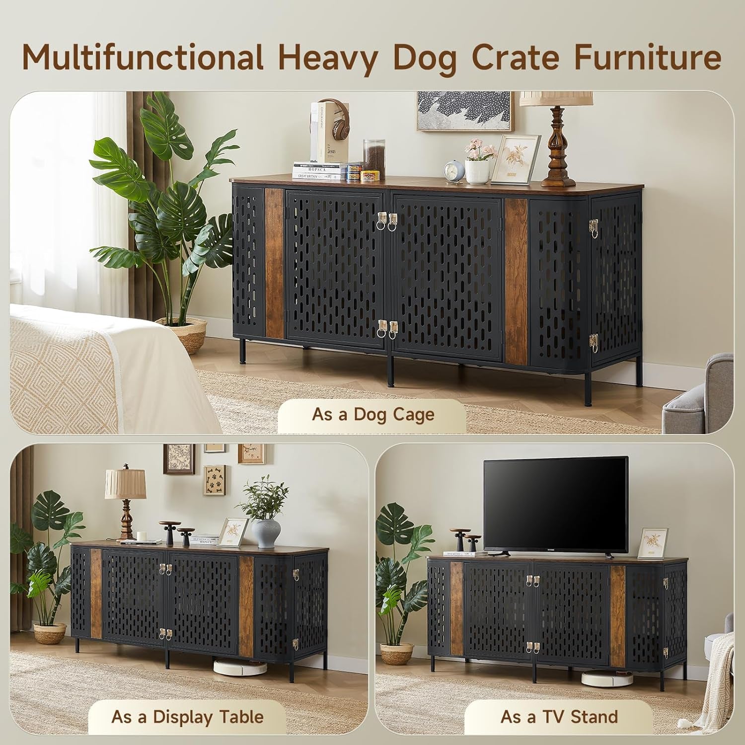 63" Double Dog Crate Furniture for 2 Dogs, Heavy Duty Dog Crates with Divider for High Anxiety Dog, Escape Proof Pet Cage, Dog Kennel Furniture Indoor as TV Stand for Medium Large Dogs,Brown