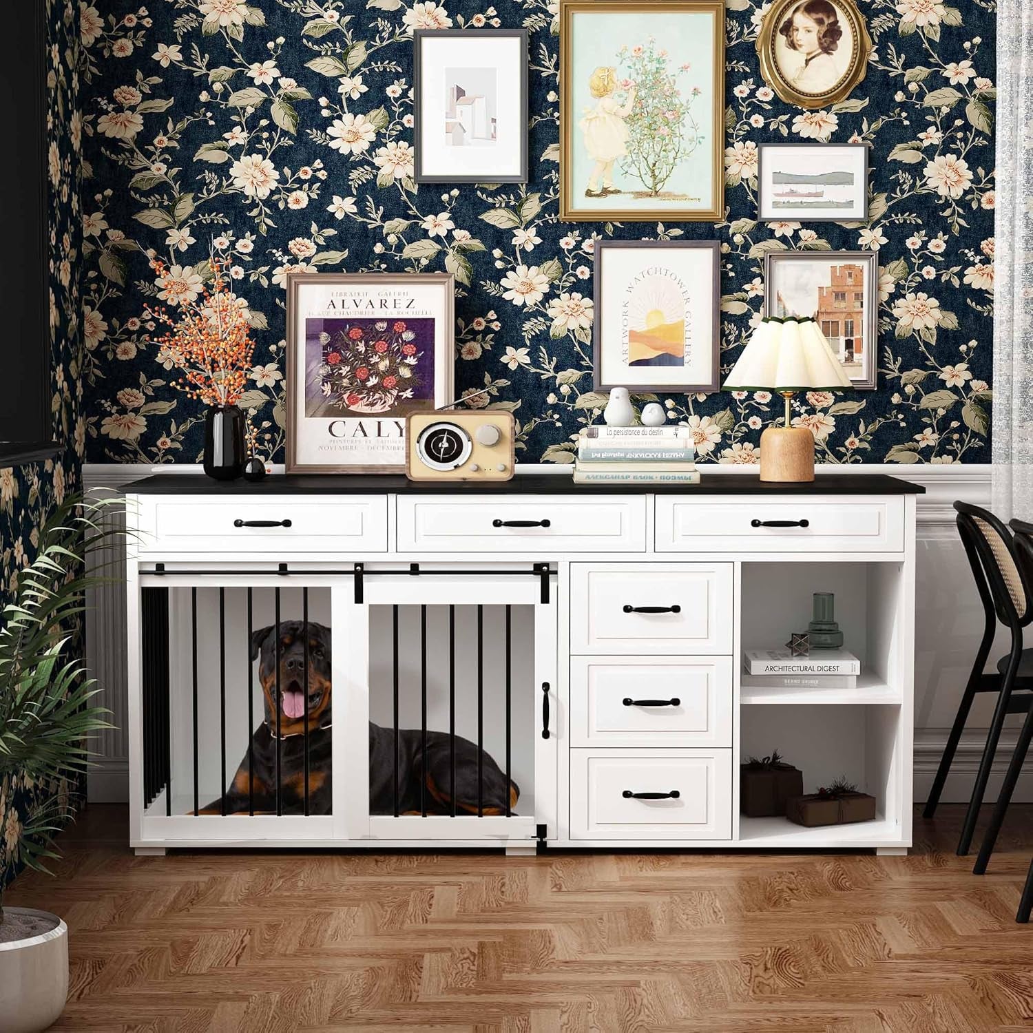 Extra Large Funiture Style Dog Crate with Drawers & Shelves, 67" Luxury Wooden Heavy Duty Single Room Dog Kennel Furniture W/Sliding Door, Indoor Dog House TV Stand, White