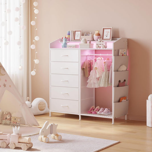 Modern 5 Dresser with LED Hanging Rack, Dresser with Clothes Rack, Hanger Rack, and Storage Drawers, Drawer Dressers with Coat Racks for Bedroom Living Room, Entryway, Closets (White)