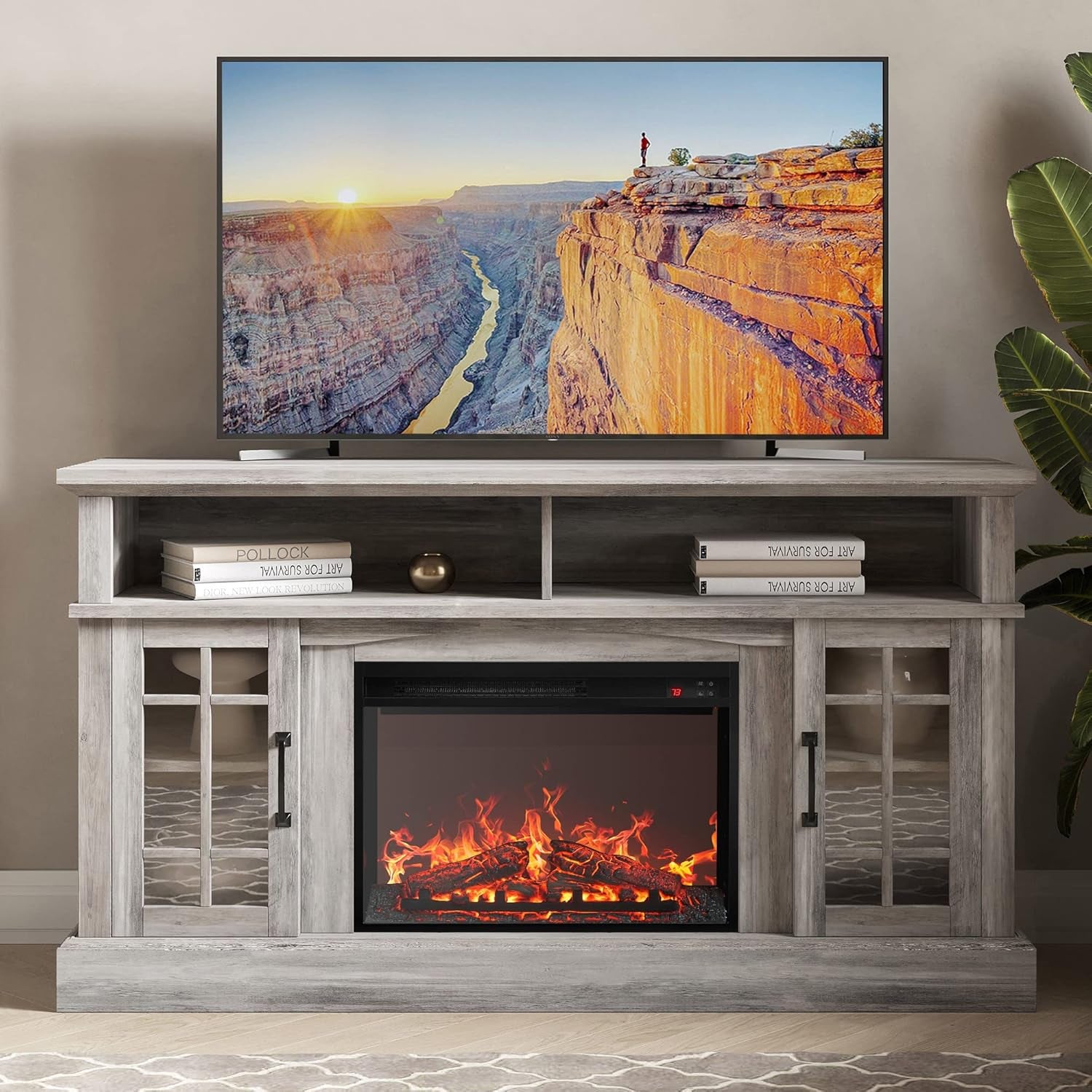 Traditional 58" Rustic TV Stand with 23" Electric Fireplace Heater with Sound, Media Entertainment Center Console Table for TV up to 65" with Open Storage Shelves and Cabinets - Grey Wash