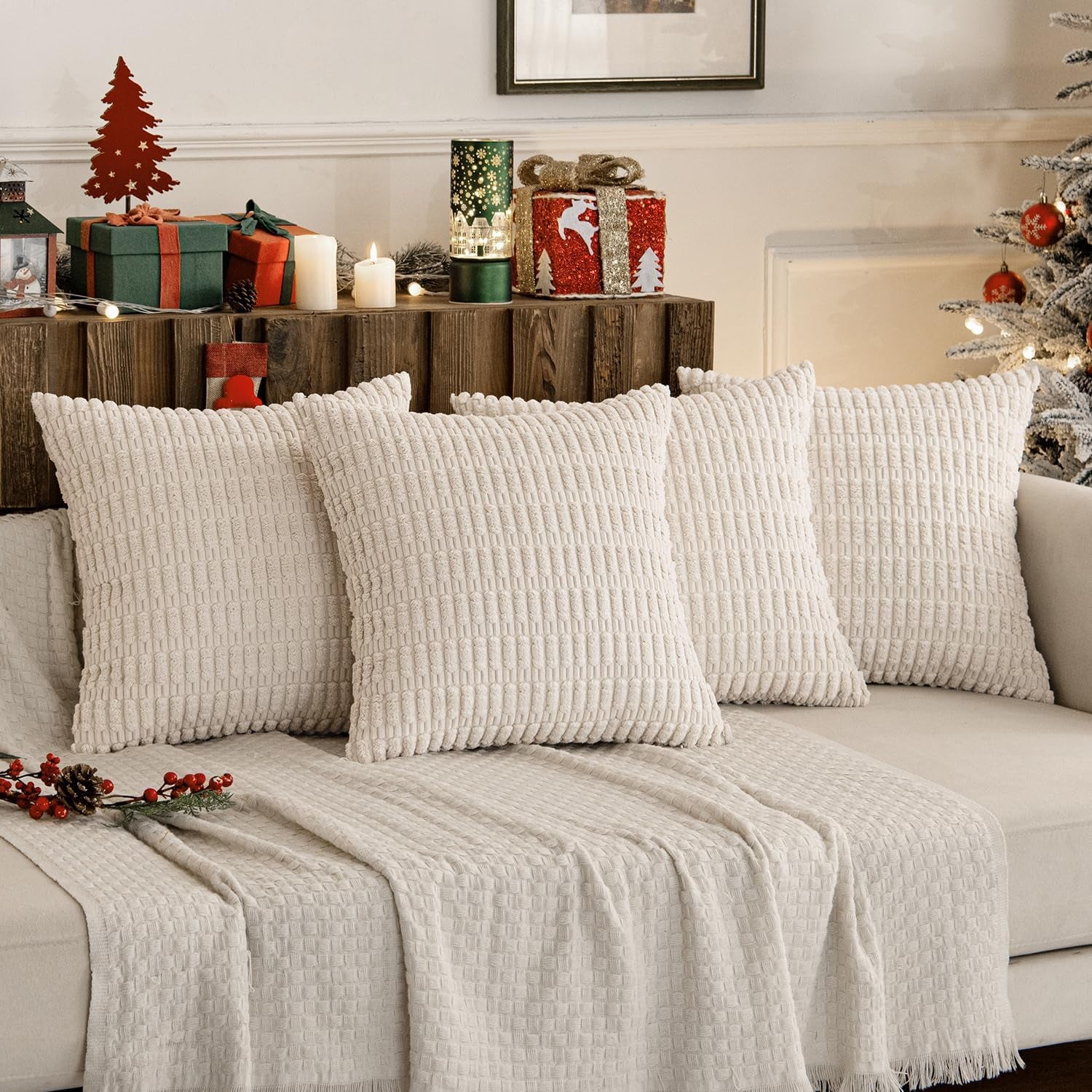 Pack of 4 Cream White Corduroy Christmas Decorative Throw Pillow Covers 18X18 Inch Soft Boho Striped Pillow Covers Modern Farmhouse Home Decor for Sofa Living Room Couch Bed