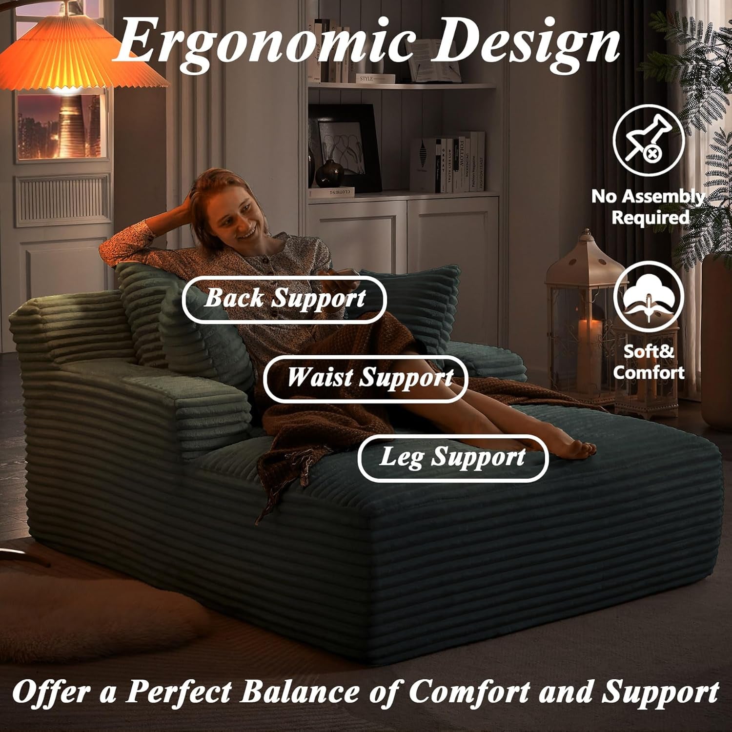 67" Chaise Lounge Indoor, Oversized Chaise Lounge Chair with 3 Comfy Pillows for Living Room Bedroom, Wide Arms Corduroy Fabric High-Density Foam No Assembly Required (Grey)