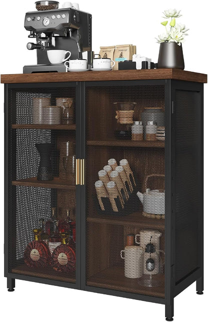 Buffet Cabinet, Metal Mesh Storage Sideboard with Adjustable Shelves, Coffee Bar Cabinet for Dining Room, Kitchen, Living Room, Entryway,Vintage Brown