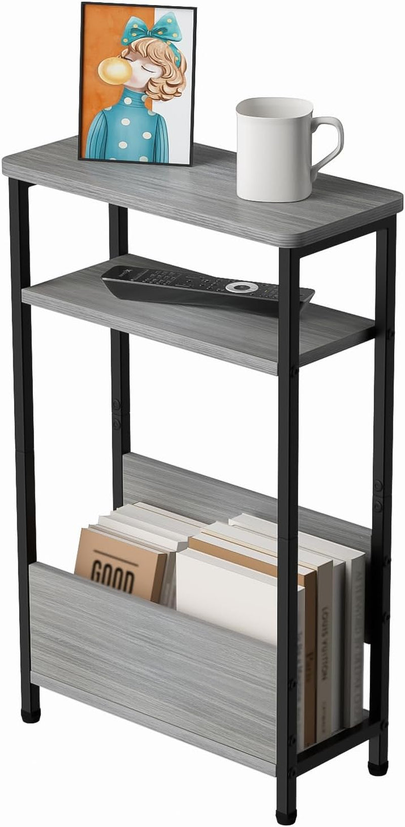 7.1" Narrow Side Table for Small Spaces, 3 Tier Small End Table with Magazine Holder, Slim/Skinny Nightstand/Bedside Table for Living Room, Bedroom, 15.4" L X 24.2" H, Gray