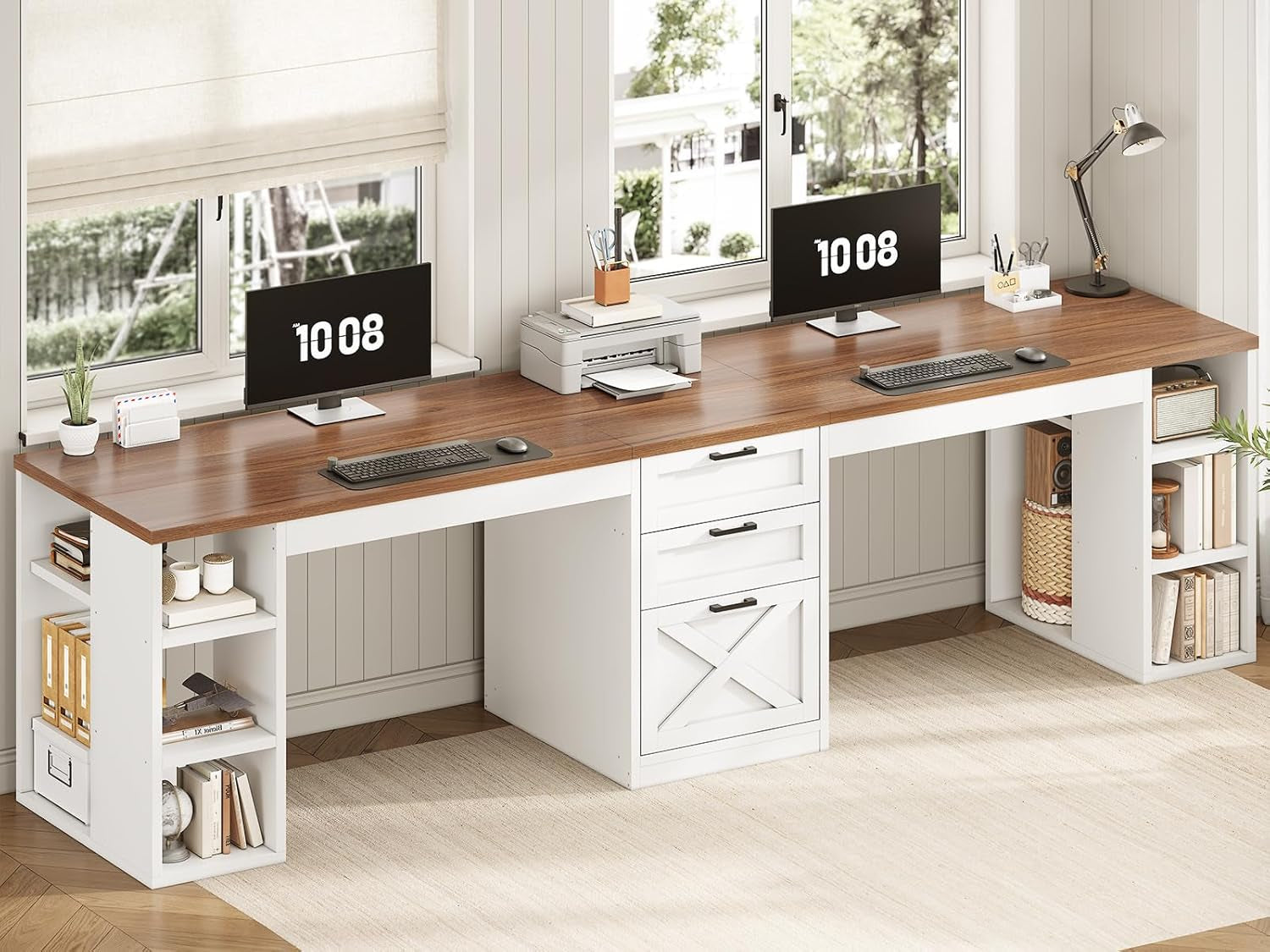 Farmhouse 96.5" Computer Desk with Drawers, 2 Person Home Office Desk, Gaming Double Desk with Storage Shelves, Long Two Person Writing Desk (White and Brown)