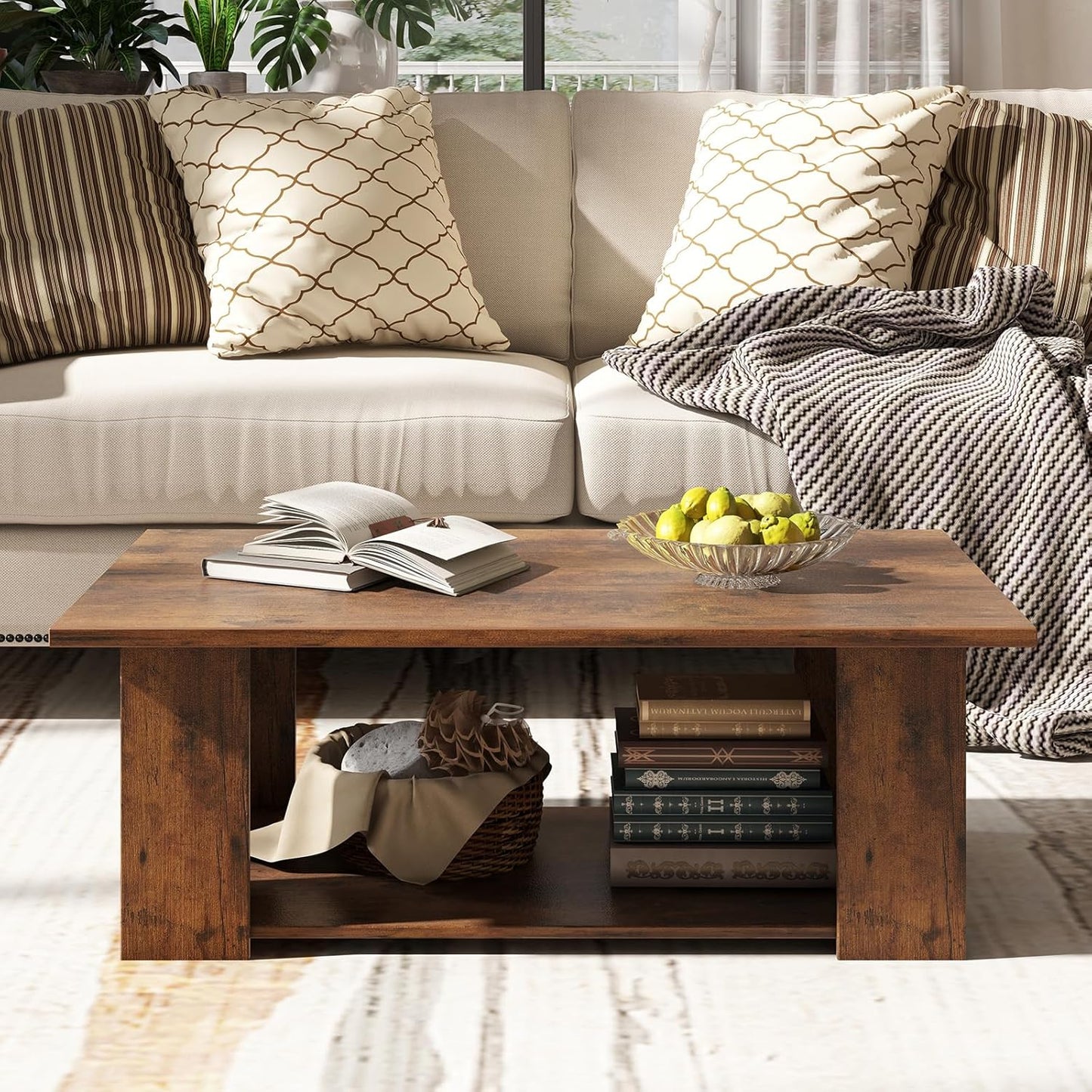 2-Tier Coffee Table, Modern Rectangular Center Cocktail Table with 5 Support Legs, Wooden Accent Living Room Furniture, Small Coffee Table for Small Spaces, Easy Assembly (Rustic Brown)