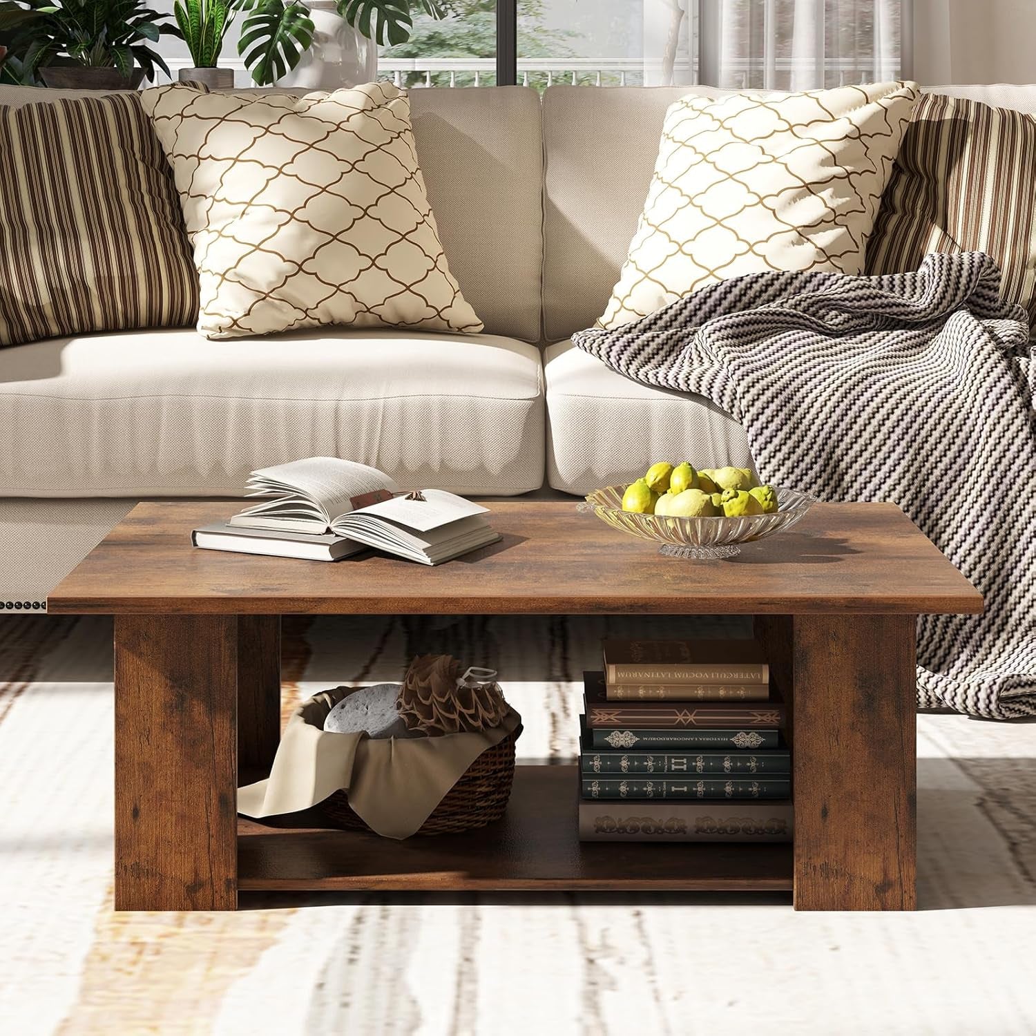 2-Tier Coffee Table, Modern Rectangular Center Cocktail Table with 5 Support Legs, Wooden Accent Living Room Furniture, Small Coffee Table for Small Spaces, Easy Assembly (Rustic Brown)