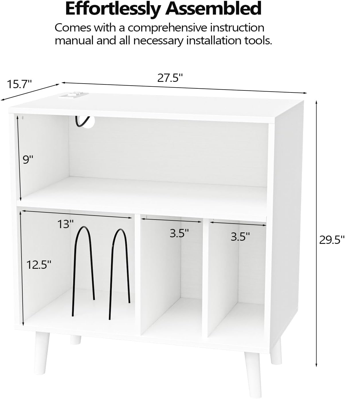 Record Player Stand with Open Vinyl Storage, Mid-Century Album Storage Table with LED Light up to 300 Albums, Vinyl Record Player Shelf with Power Outlet for Living Room, White