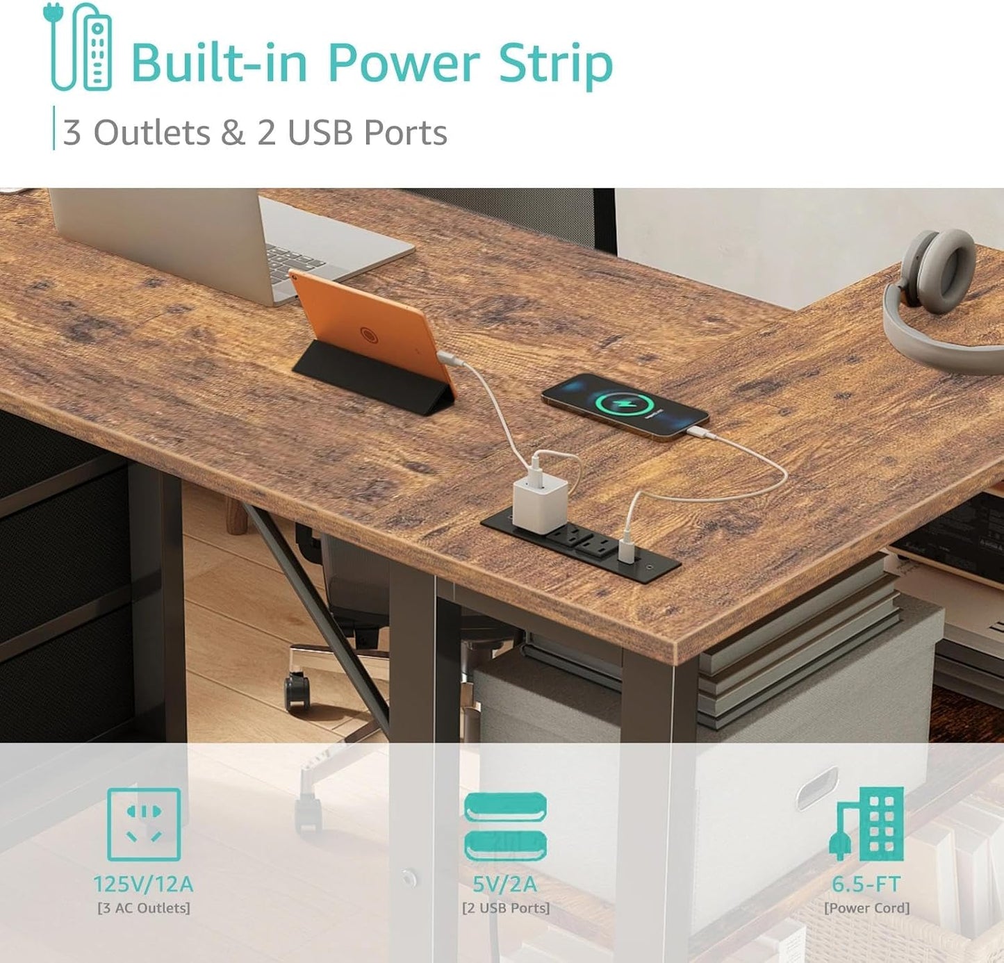 L Shaped Desk with Drawers & Storage Shelves, 47 Inch Small Reversible Corner Desk with Power Outlet for Home Office Bedroom, L-Shaped Gaming PC Computer Desks with Fabric Drawer, Rustic Brown