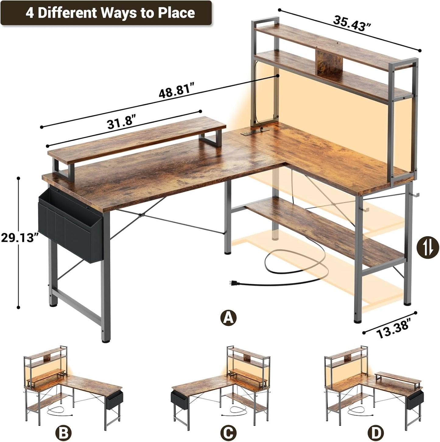 L Shaped Gaming Desk with Power Outlets & LED Lights, Small L-Shaped Desk Computer Corner Desk with Monitor Stand & Storage Shelf, Home Office Desk Writing Desk with Storage Bag, Rustic Brown