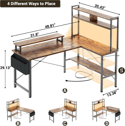 L Shaped Gaming Desk with Power Outlets & LED Lights, Small L-Shaped Desk Computer Corner Desk with Monitor Stand & Storage Shelf, Home Office Desk Writing Desk with Storage Bag, Rustic Brown